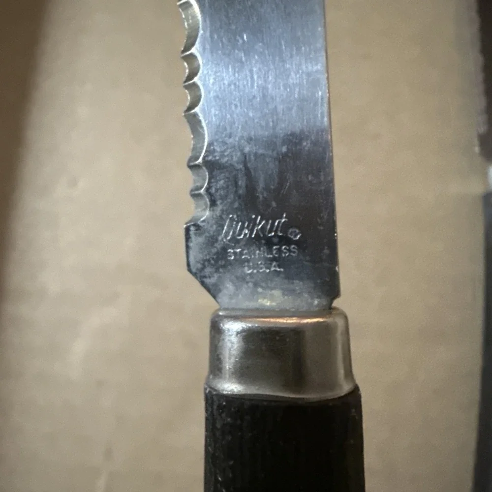 VTG Quikut Lot of 2 Stainless Serrated Steak Knives Dark Brown Faux Wood Handle